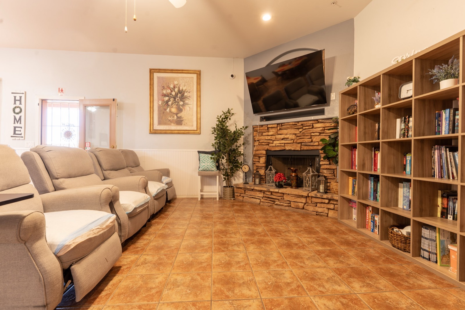 A warm, comfortable living space inside Grace Hill Ranch